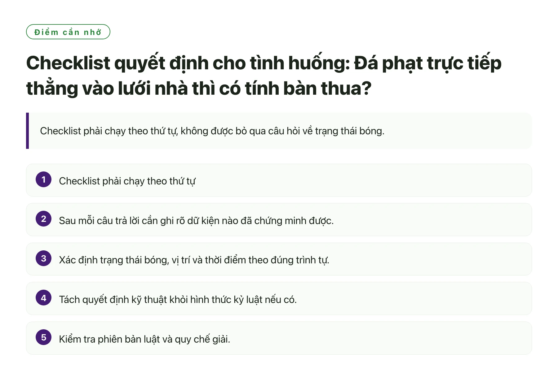 Checklist quyết định cho tình huống: Đá phạt trực tiếp thẳng vào lưới nhà thì có tính bàn thua?——全文要点速览